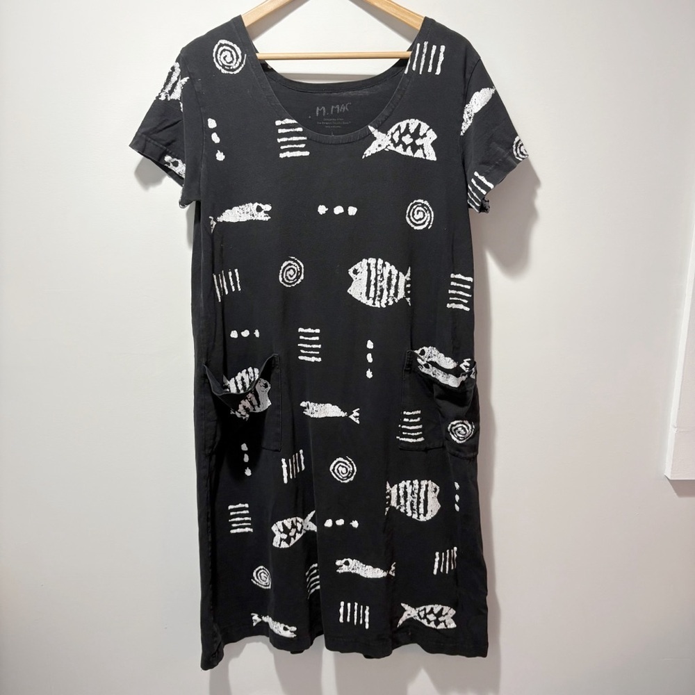 M. MAC Rock Fish Cotton Knit Midi Dress Size Large Black Pockets Vermont Country